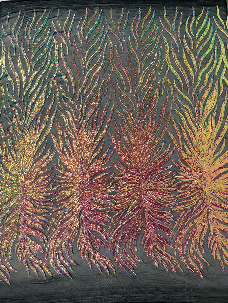 Phoenix Sequin Feather Polyester Fabric - Iridescent Flame Design, 54" Width (1 Yard)