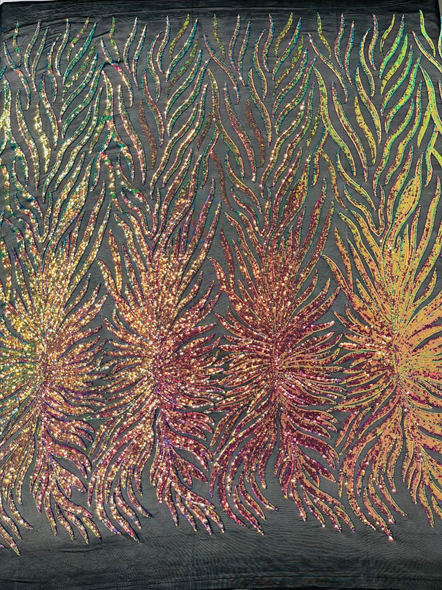 Phoenix Sequin Feather Polyester Fabric - Iridescent Flame Design, 54" Width (1 Yard)