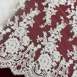 1 Yard Elegant Corded Bridal Lace Fabric on 100% Polyester Mesh, Embroidered Floral Design