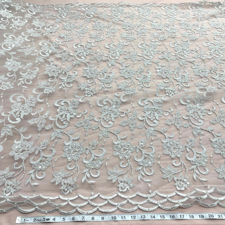 Beaded Corded Bridal Lace Polyester Fabric - Embroidered Net Mesh, 54" Width (1 Yard)