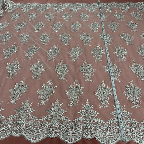 Beaded Corded Lace Fabric - Embroidered On 100 Percent Polyester Net Mesh, 56" Width (1 Yard)