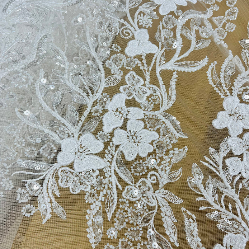 Beaded Lace Fabric Embroidered On 100 Percent Polyester Net Mesh - White, Ivory, Antique Silver, 54" Width (1 Yard)