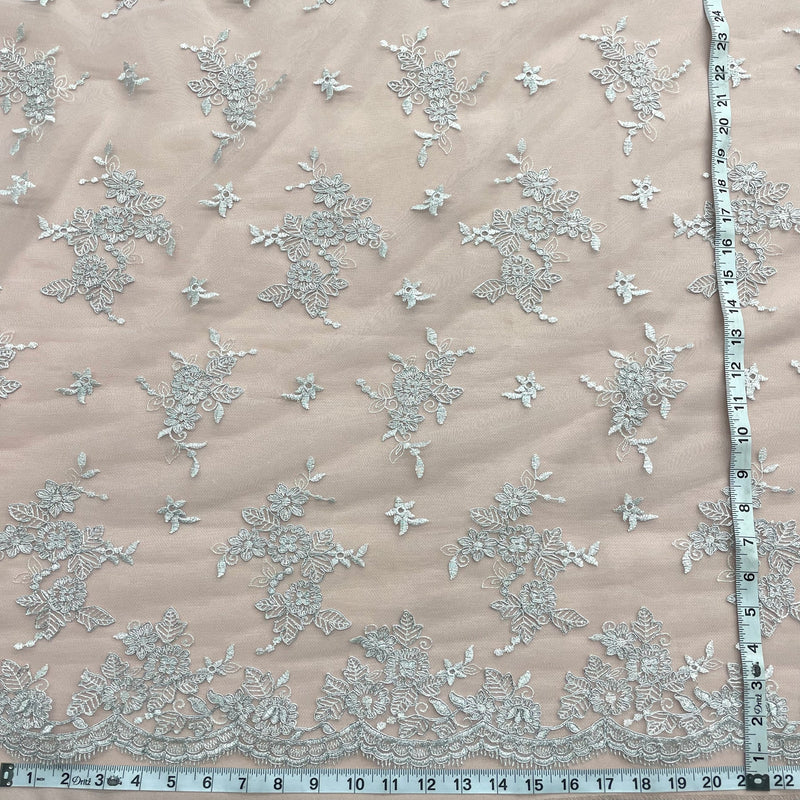 1 Yard Corded Bridal Lace Fabric Embroidered on Polyester Net Mesh Silver for Wedding and Evening Gowns – 51"