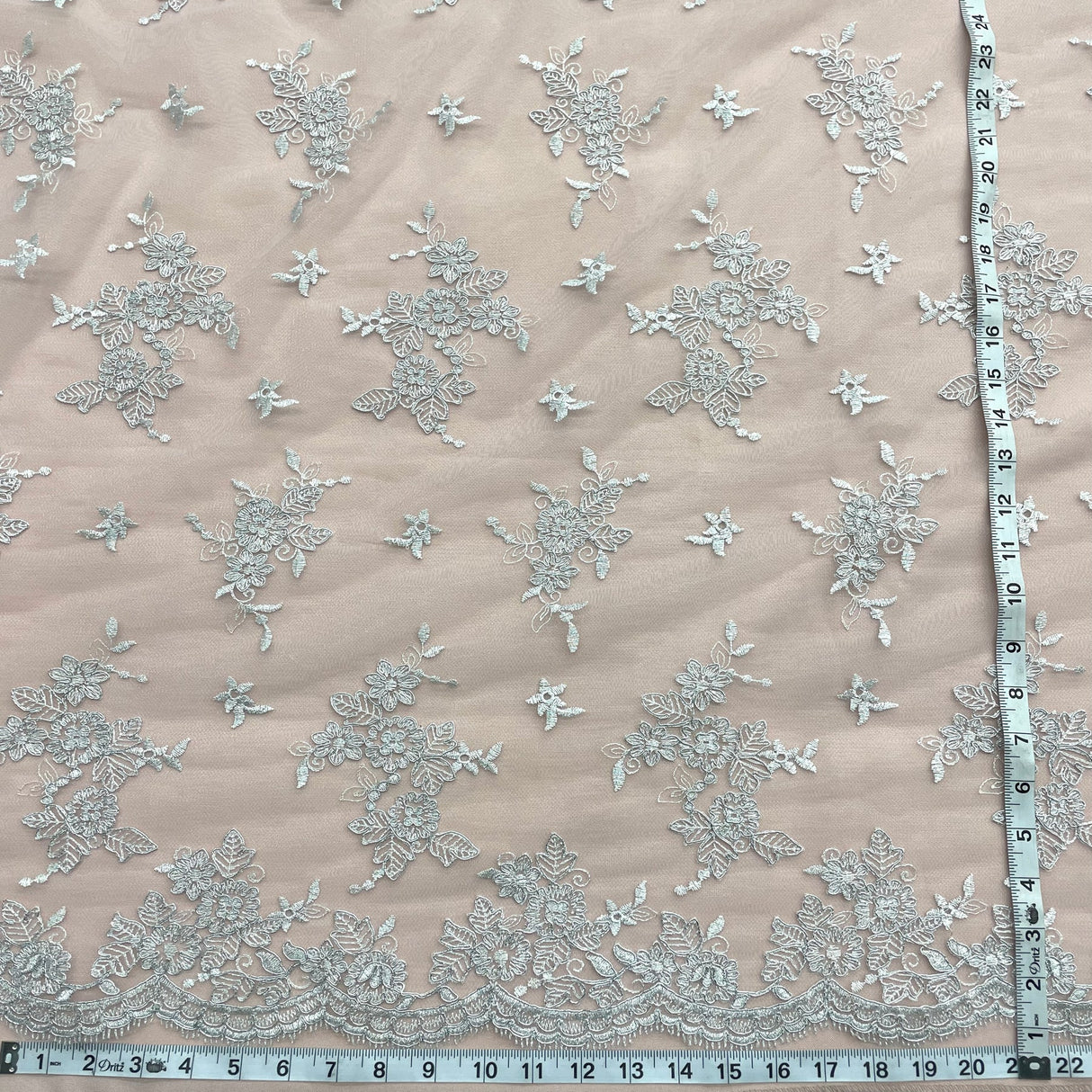 1 Yard Corded Bridal Lace Fabric Embroidered on Polyester Net Mesh Silver for Wedding and Evening Gowns – 51"
