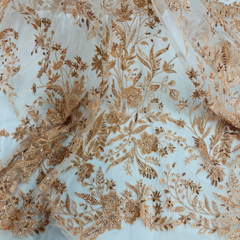 Beaded Lace Fabric Embroidered On 100 Percent Polyester Net Mesh - White, Ivory, Silver, Gold, Rose Gold, 52" Width (1 Yard)