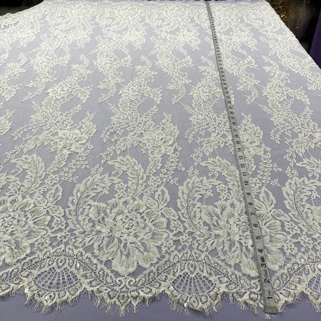 Beaded Chantilly Embroidered Lace Fabric - Off White Eyelash Scallop, 56" Width (3 Yards)