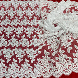 1 Yard - Corded Bridal Lace Fabric Embroidered on 100% Polyester Net Mesh - 51" Wide