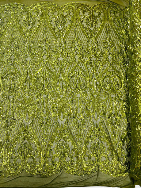 Heart Sequin Damask Polyester Fabric - Heart Damask, Iridescent Sequins, 54" Width (1 Yard)