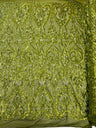 Heart Sequin Damask Polyester Fabric - Heart Damask, Iridescent Sequins, 54" Width (1 Yard)