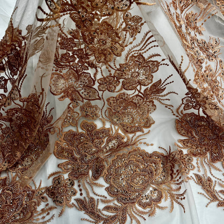 Beaded Lace Fabric Embroidered on Polyester Net Mesh 52"