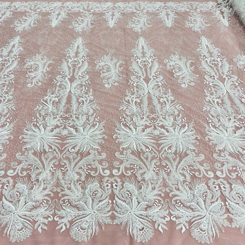 Beaded Lace Fabric Embroidered With Fuzzy Thread on 100 Percent Polyester Net Mesh - Ivory, Silver, White, Gold, 53" Width (1 Yard)