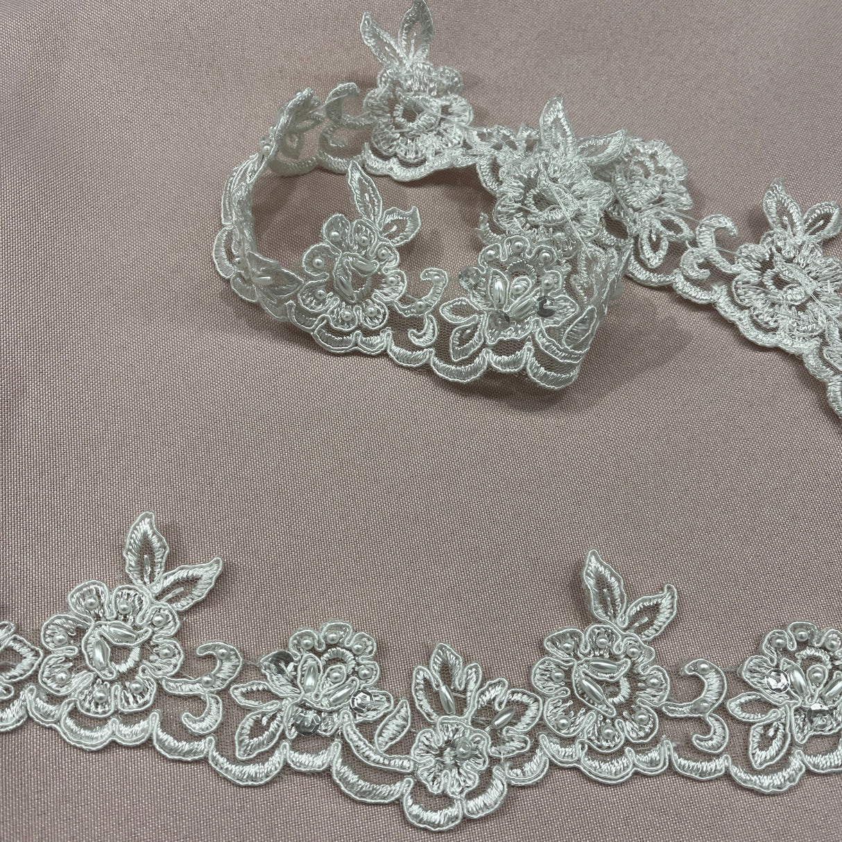 Beaded Corded Lace Trim on Polyester Net Mesh