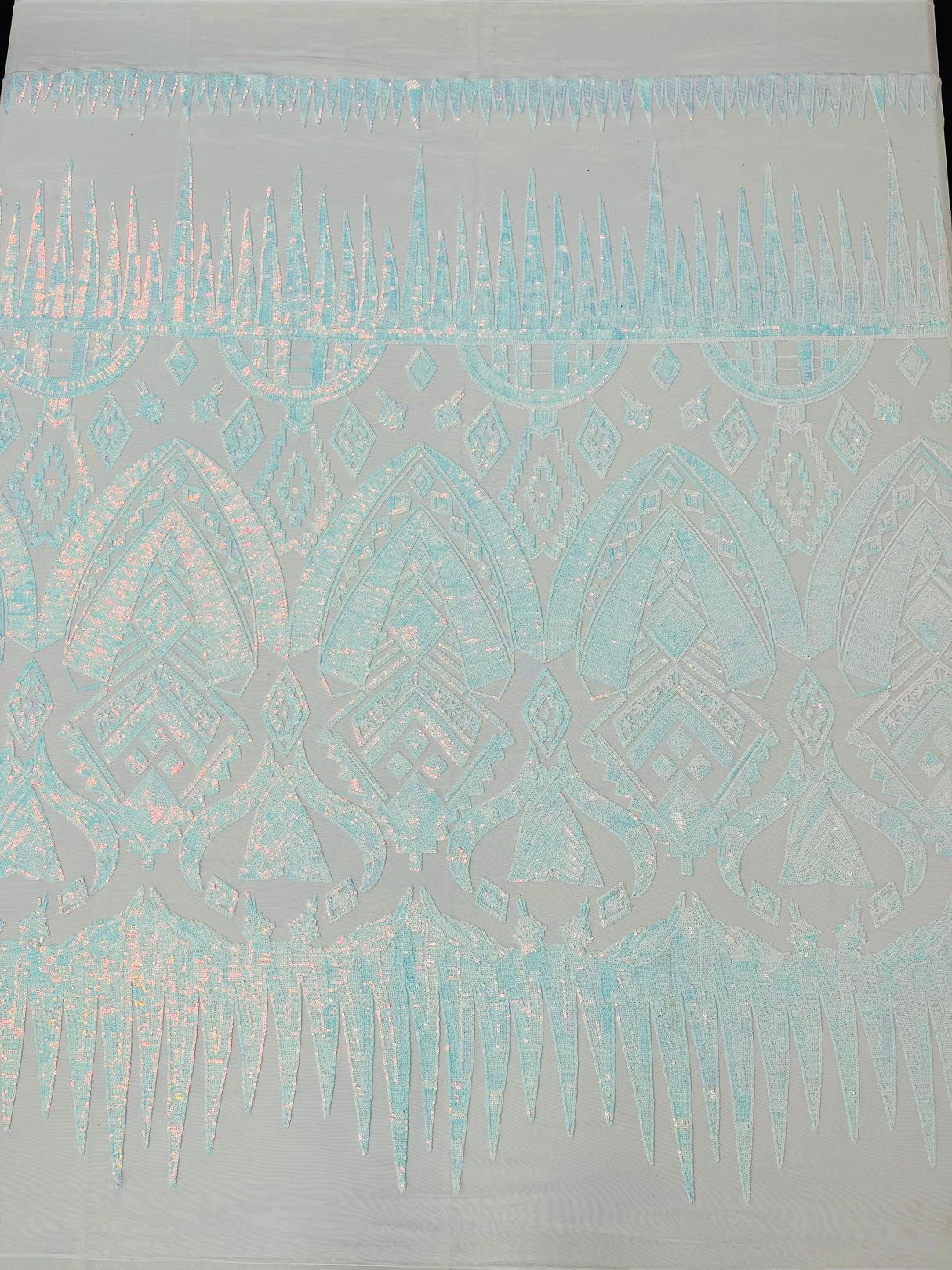 Tribal Sequin Fabric - Aqua Blue Iridescent On Black Mesh, 54" Width (1 Yard)