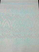 Tribal Sequin Fabric - Aqua Blue Iridescent On Black Mesh, 54" Width (1 Yard)