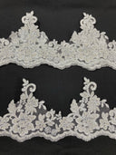 Beaded Corded Floral Lace Trimming Polyester Fabric - Embroidered Net Mesh, 6" Width (1 Yard)