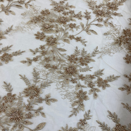 Beaded Floral Lace Fabric Embroidered On 100 Percent Polyester Net Mesh - Gold, Silver, Dark Sage, Floral Beaded Embroidery, 51" Wide (1 Yard)