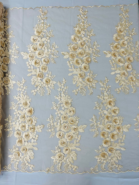 Rosa 3D Floral Design With Rhinestones Polyester Fabric - 3D Floral Embroidered Mesh Lace, 54" Width (1 Yard)
