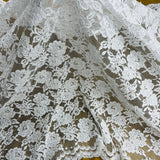 1 Yard Elegant Beaded and Corded Lace Fabric Embroidered on 100% Polyester Net Mesh White