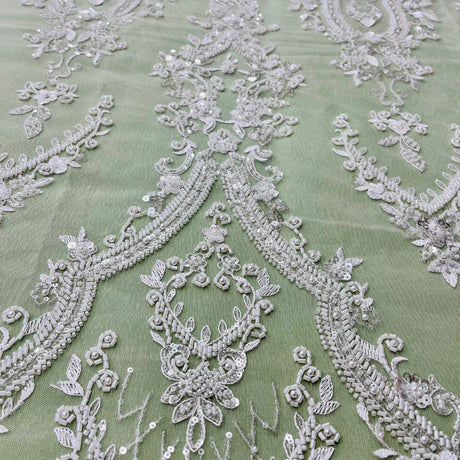 Beaded Lace Fabric Embroidered On 100 Percent Polyester Net Mesh Fabric - White, Ivory, Antique Silver, 52" Width (1 Yard)