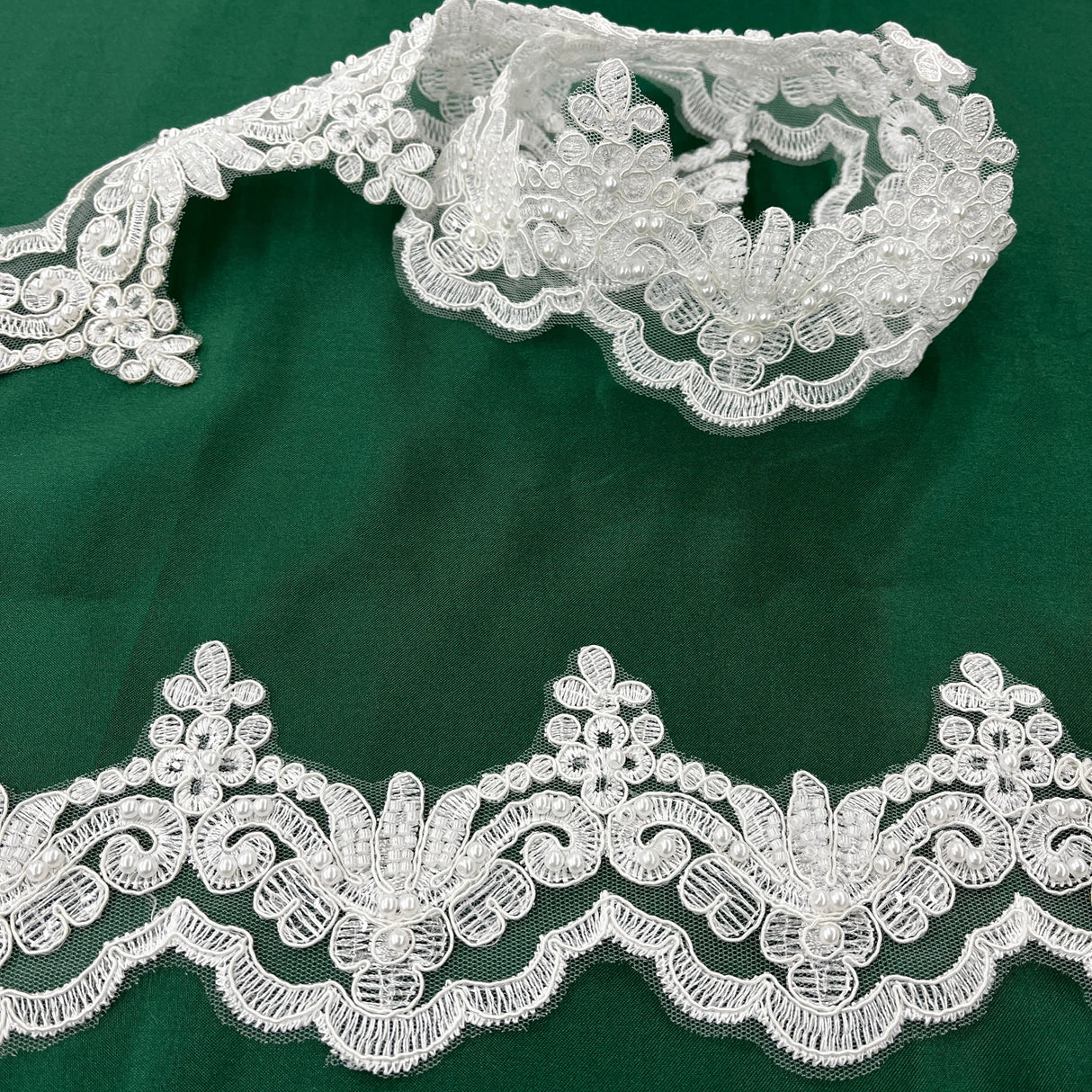 Beaded Corded Lace Trim on Net Mesh