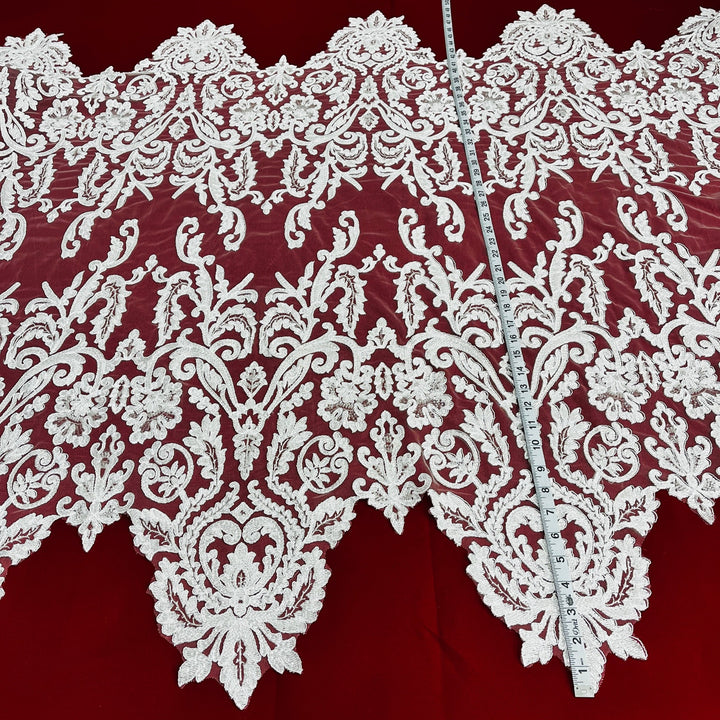 1 Yard Stunning Beaded and Corded Bridal Lace Fabric Embroidered on 100% Polyester Net Mesh White