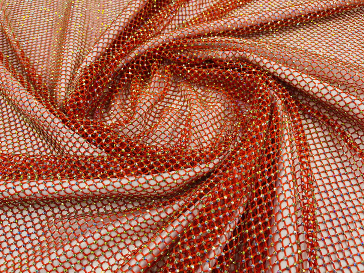 AB Rhinestones On A Fish Net Polyester Fabric - Iridescent Rhinestone Mesh, 1 Yard
