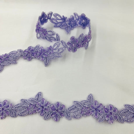 Beaded & Corded Lace Trimming Embroidered On 100% Polyester Net Fabric - 1.5" Width, Multiple Colors (1 Yard)