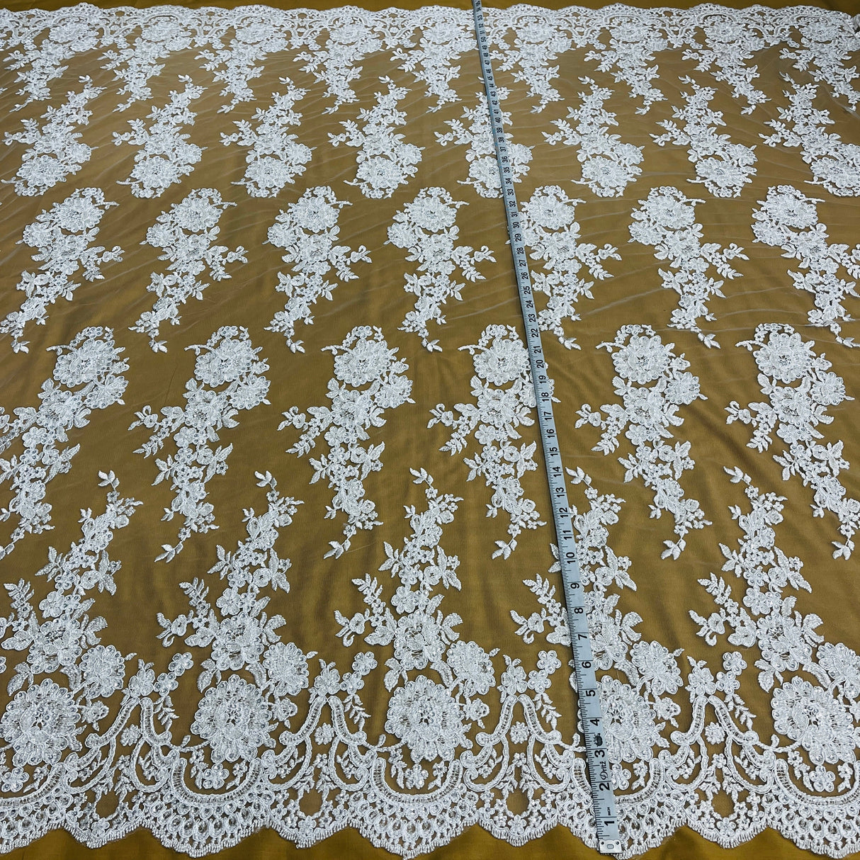 Beaded & Corded Bridal Lace Fabric - Embroidered, 100% Polyester Net Mesh, 53" Width (1 Yard)