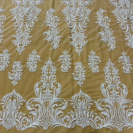 Beaded Lace Fabric Embroidered On 100 Percent Polyester Net Mesh - White, Ivory, Silver, Gold, Rose Gold, 60" Width (1 Yard)