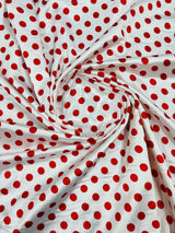 Polka Dot Satin 100 Percent Polyester Charmeuse Fabric - White Polka Dot On Red, 58" Width (1 Yard)