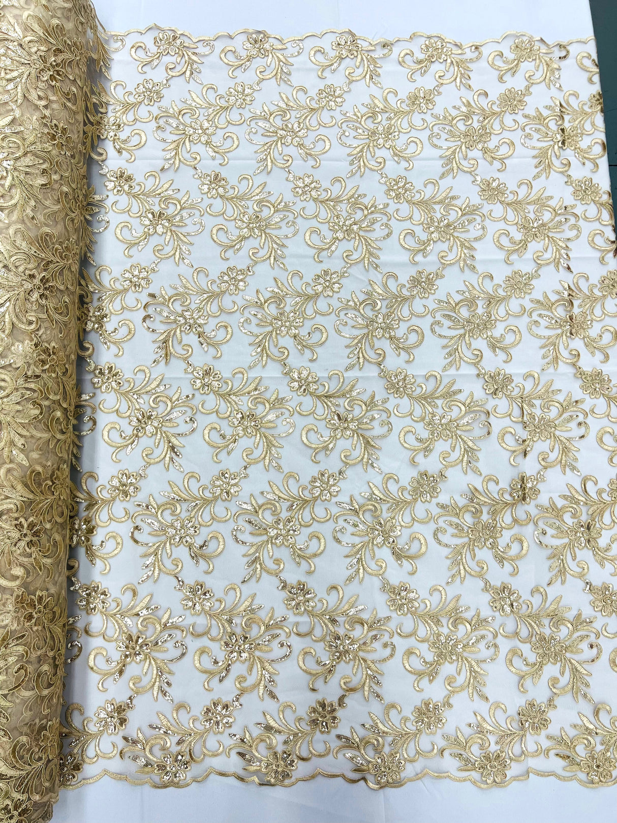 Estrella Corded Flowers Embroider With Sequins Mesh Lace Fabric - Floral Embroidered, Double Scallop, 50-54" Width, 36" Length (1 Yard)