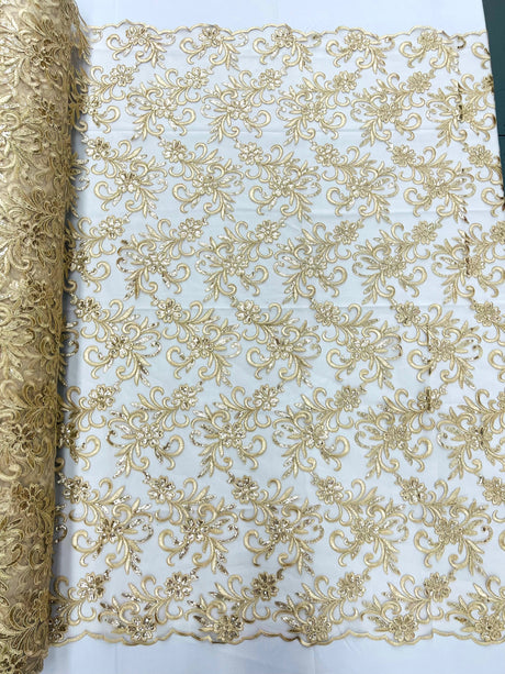 Estrella Corded Flowers Embroider With Sequins Mesh Lace Fabric - Floral Embroidered, Double Scallop, 50-54" Width, 36" Length (1 Yard)