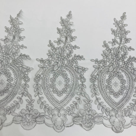 Corded Lace Trimming Embroidered On 100 Percent Polyester Net Mesh Fabric - Gold, Silver, Ivory With Silver, Ivory, White, 13" Width (1 Yard)