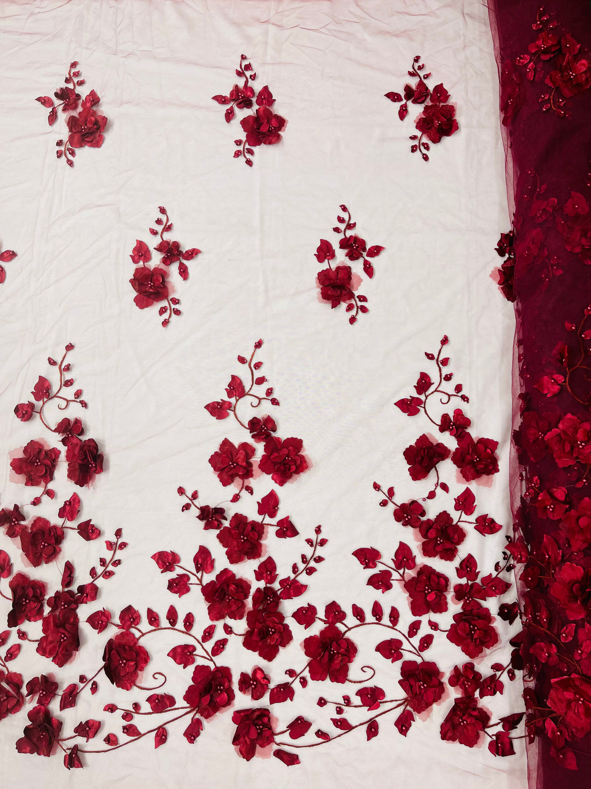 Orquidia 3D Floral Design Embroidered With Pearls Lace Fabric - 3D Floral Mesh Lace, 54" Width (1 Yard)