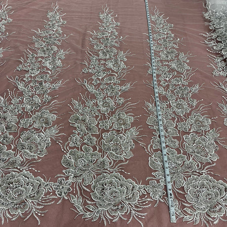 1 Yard Exquisite Beaded Lace Fabric Embroidered on 100% Polyester Net Mesh White