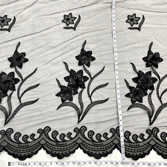 1 Yard Beaded 3D Floral Lace Fabric Embroidered on Polyester Net Mesh – 52"