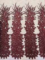 New Vegas Heavy Beaded Feather Design Embroidery Mesh Fabric - Beaded Feather Design, 11" Width, 50" Length (1 Panel)