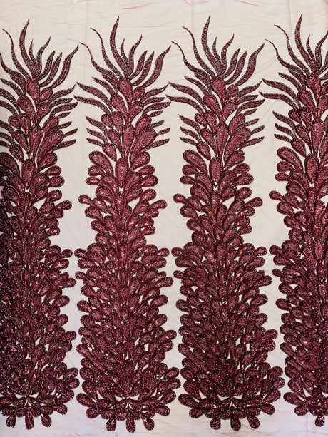 New Vegas Heavy Beaded Feather Design Embroidery Mesh Fabric - Beaded Feather Design, 11" Width, 50" Length (1 Panel)
