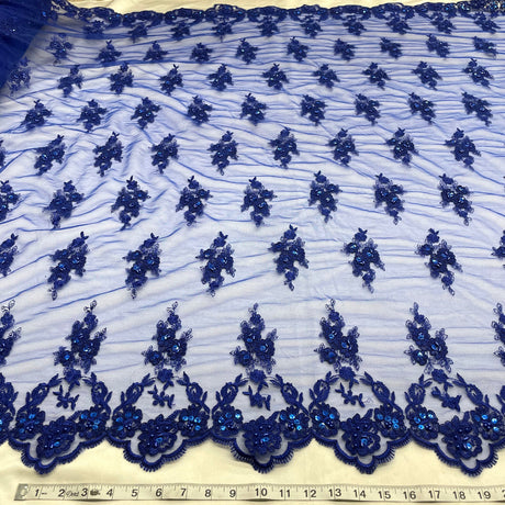1 Yard - Beaded & Corded Lace Fabric Embroidered on 100% Polyester Net Mesh - Ivory - 53"