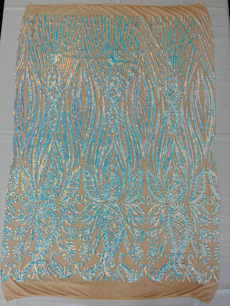 Paisley Sequin Design 4 Way Stretch Mesh Fabric - Nude Paisley Embroidered Iridescent Sequins, 48-50" Width, 36" Length (1 Yard)