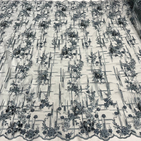 1 Yard Beaded Rhinestone 3D Floral Lace Fabric Embroidered 100 Percent Polyester Net Mesh 50 inch Width