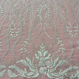 Beaded Lace Fabric - Embroidered 100 Percent Polyester Net Mesh, White, Ivory, Antique Silver, 56" Width (1 Yard)
