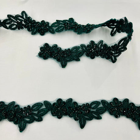 Beaded & Corded Lace Trimming Embroidered On 100% Polyester Net Fabric - 1.5" Width, Multiple Colors (1 Yard)