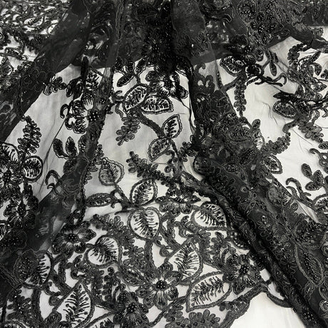 Beaded Corded Lace Navy Mesh