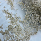 1 Yard Corded Bridal Lace Fabric Embroidered on Net Mesh White