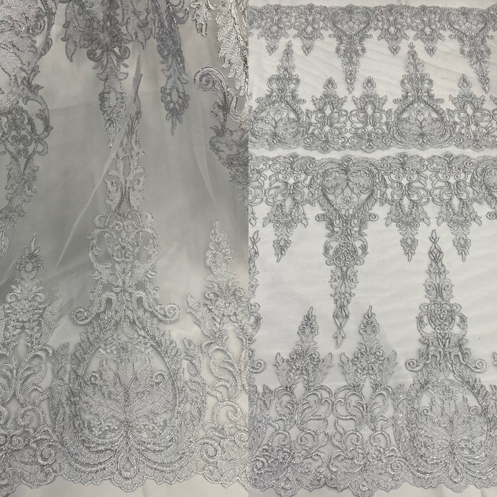 1 Yard Exquisite Corded Bridal Lace Fabric Embroidered on 100% Polyester Net Mesh White