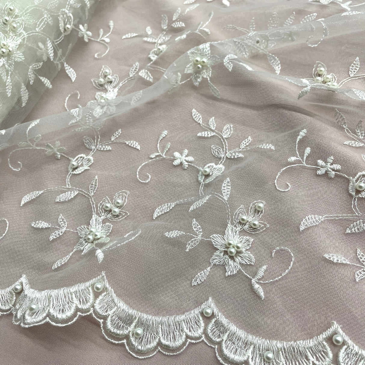 Beaded Lace Fabric Ivory Mesh