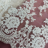 1 Yard Exquisite Corded Bridal Lace Fabric with Embroidered Floral Details White