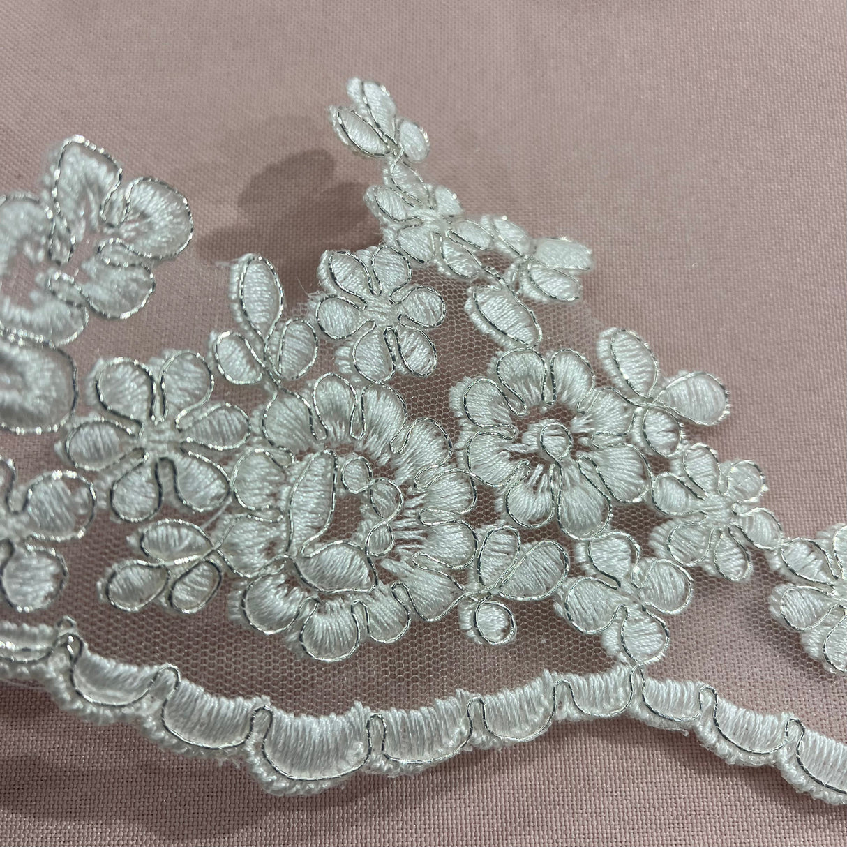 Corded Lace Trimming Embroidered On 100 Percent Polyester Net Mesh Fabric - Gold, Ivory With Silver, Ivory, White With Silver, White, 4" Width (1 Yard)
