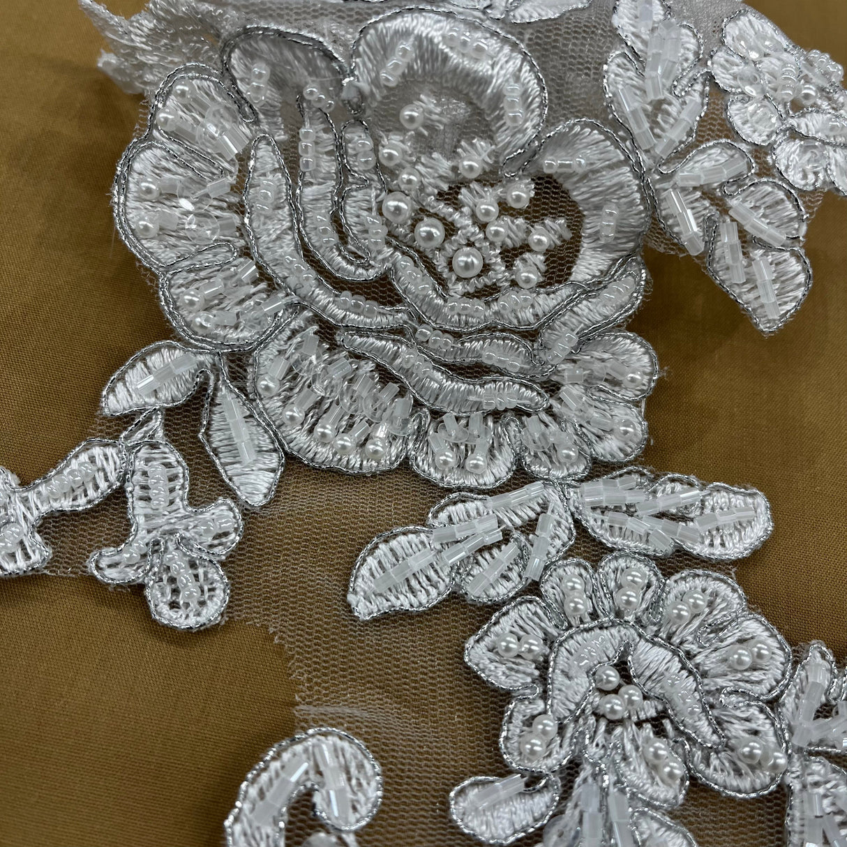 Beaded Corded Floral Lace Applique 100% Polyester Net Mesh